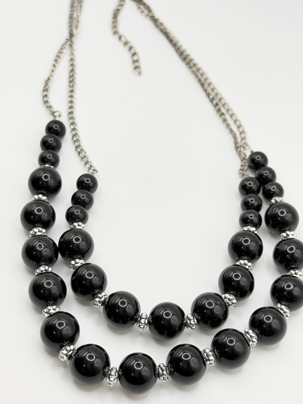 Chunky Black Beaded Double Strand Statement Necklace Silver Tone Retro